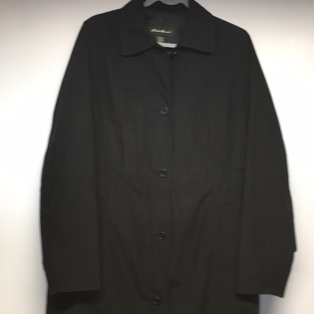Eddie Bauer Black Trench Coat. Button up Medium - Picture 2 of 7